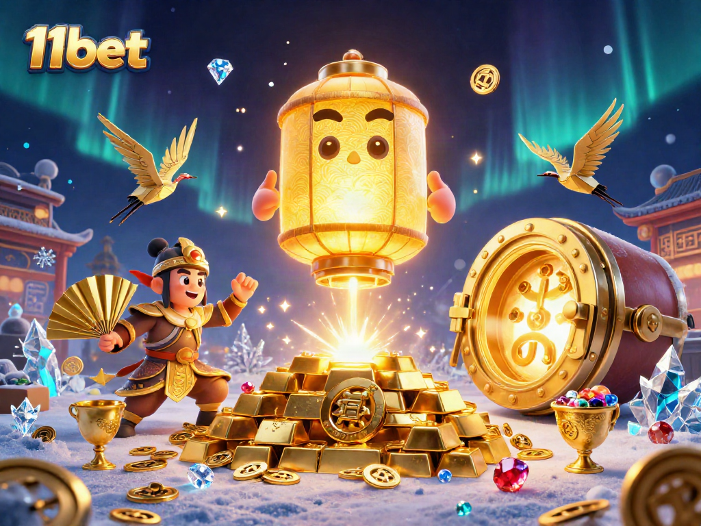 Experience thrilling gameplay at 11bet with a dynamic casino scene featuring gold treasures and lucky symbols.