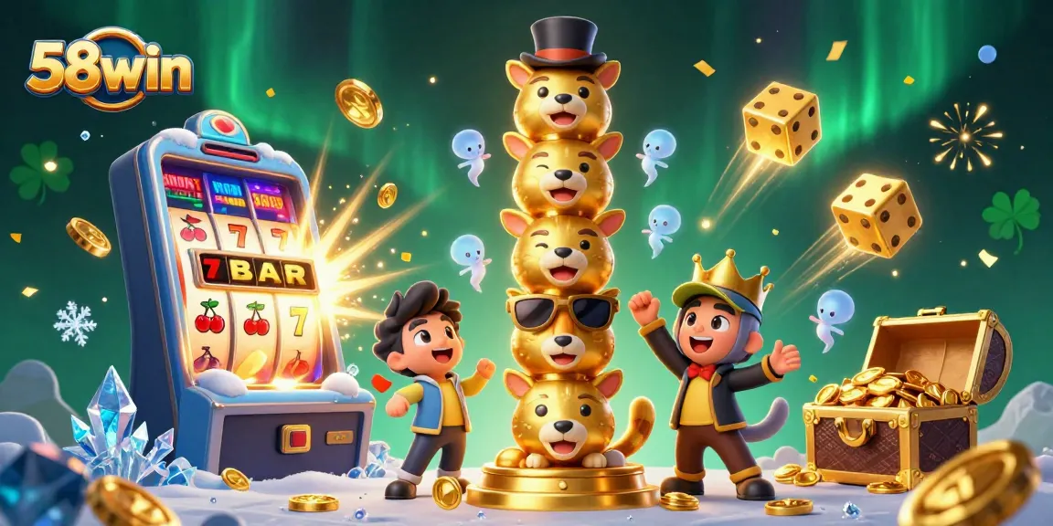 Experience the thrilling world of 58win with a vibrant 3D casino illustration packed with excitement.