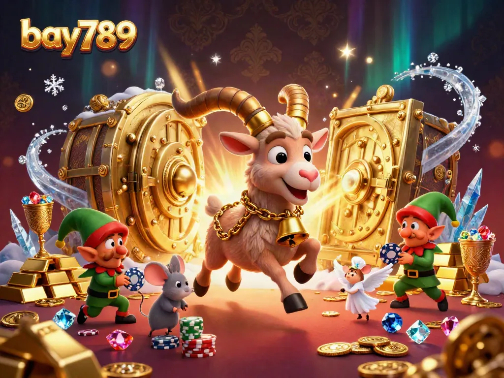 Engage in the bay789 gaming experience with a festive, chaotic casino scene bursting with treasure.