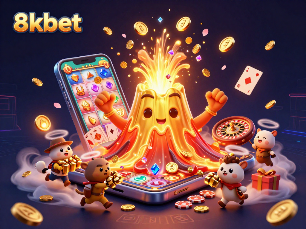 Engage in thrilling gaming adventures at 8xbet with vibrant visuals of coins and a golden volcano.
