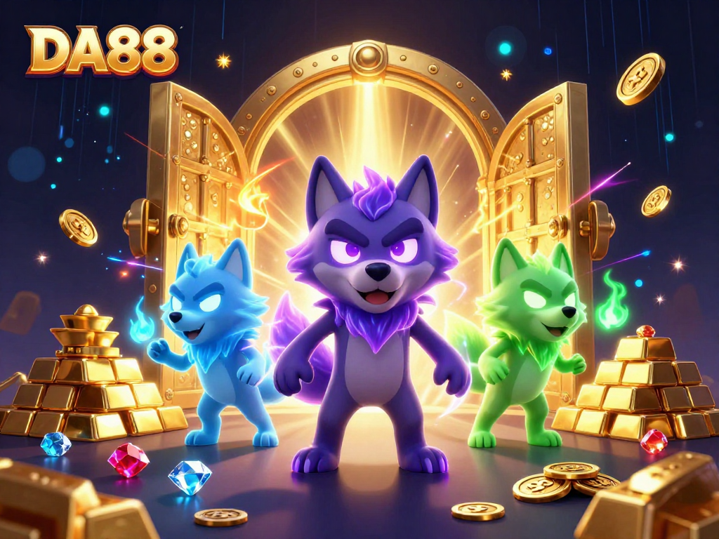 Win big at DA88 with exciting games and treasures in a dynamic casino illustration.