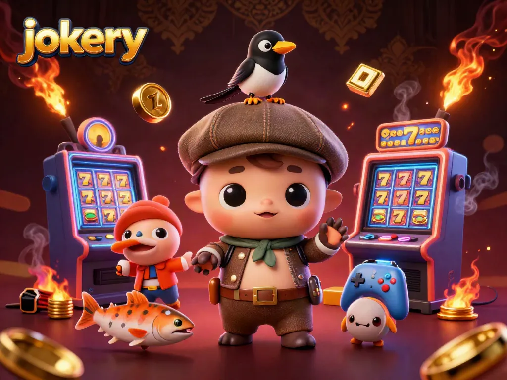 Experience jokery fun with vibrant slot machines, Nessie, and colorful casino elements in this 3D illustration.