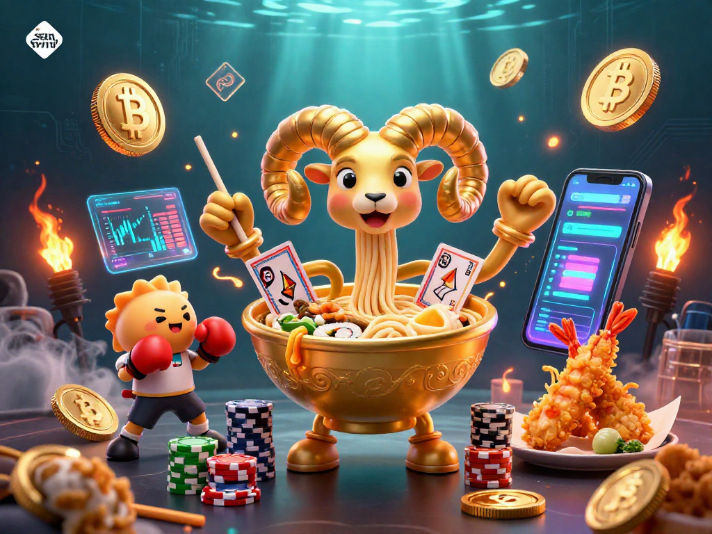 Experience thrilling gaming with sun win surrounded by cartoon characters, crypto coins, and dynamic casino elements.