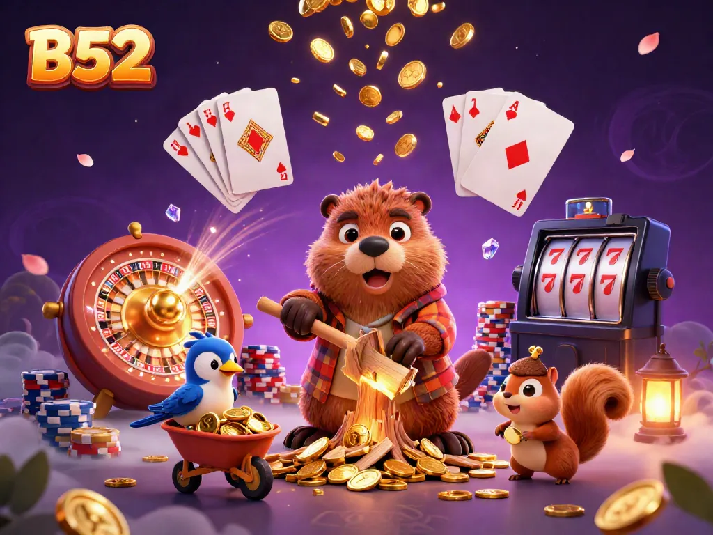 Join the fun at B52, where a cartoon beaver collects golden coins in a vibrant 3D casino setting.