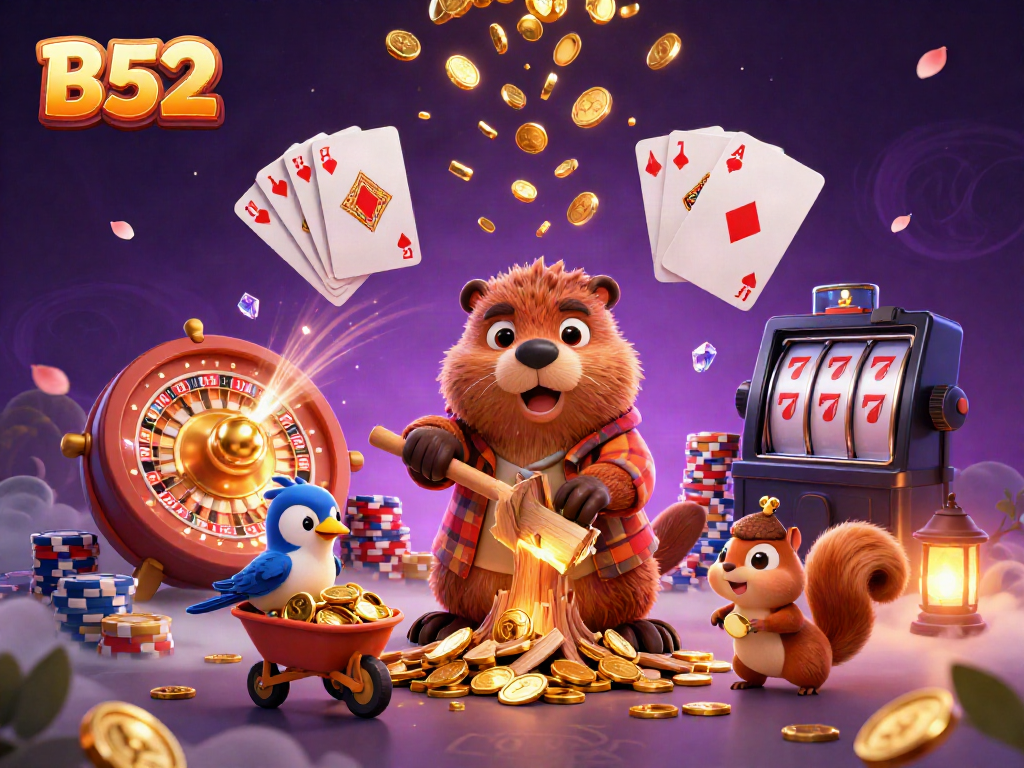 Join the fun at B52, where a cartoon beaver collects golden coins in a vibrant 3D casino setting.