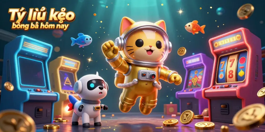 Tỷ lệ kèo bóng đá hôm nay captivating scene with a 3D astronaut cat, robot dog, and alien fish showcasing vibrant gaming elements.