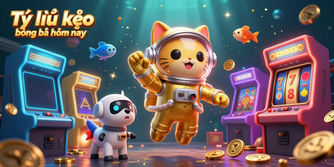 Tỷ lệ kèo bóng đá hôm nay captivating scene with a 3D astronaut cat, robot dog, and alien fish showcasing vibrant gaming elements.