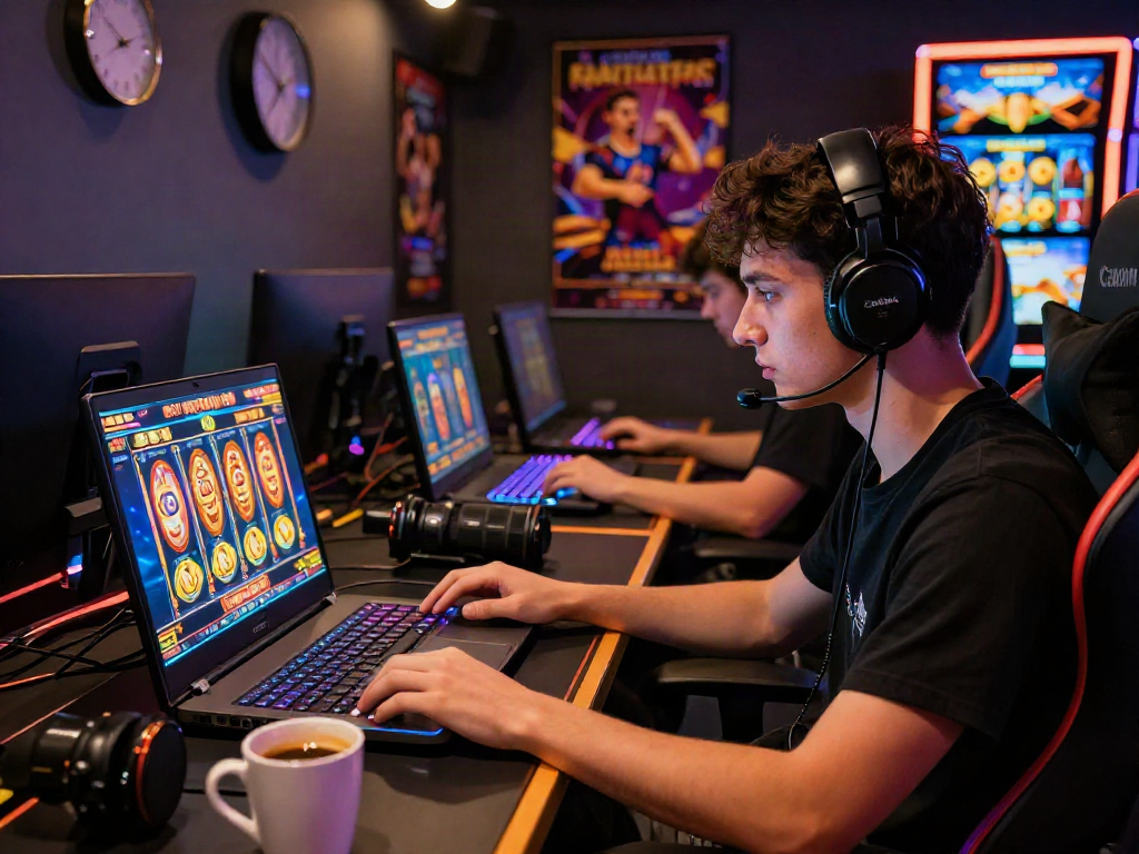 Engaging scene of a gamer playing rokok88 slot on a laptop in a vibrant gaming setup, showcasing excitement and focus.