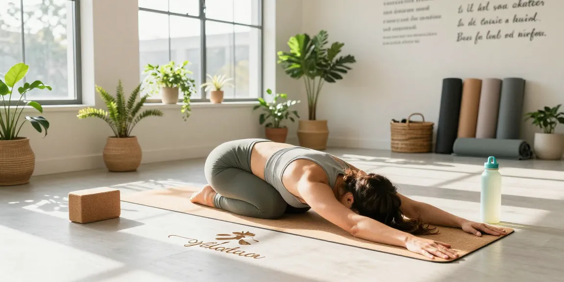 Practicing yoga on a personalized cork yoga mat with Wunschgravur in a serene studio setting.
