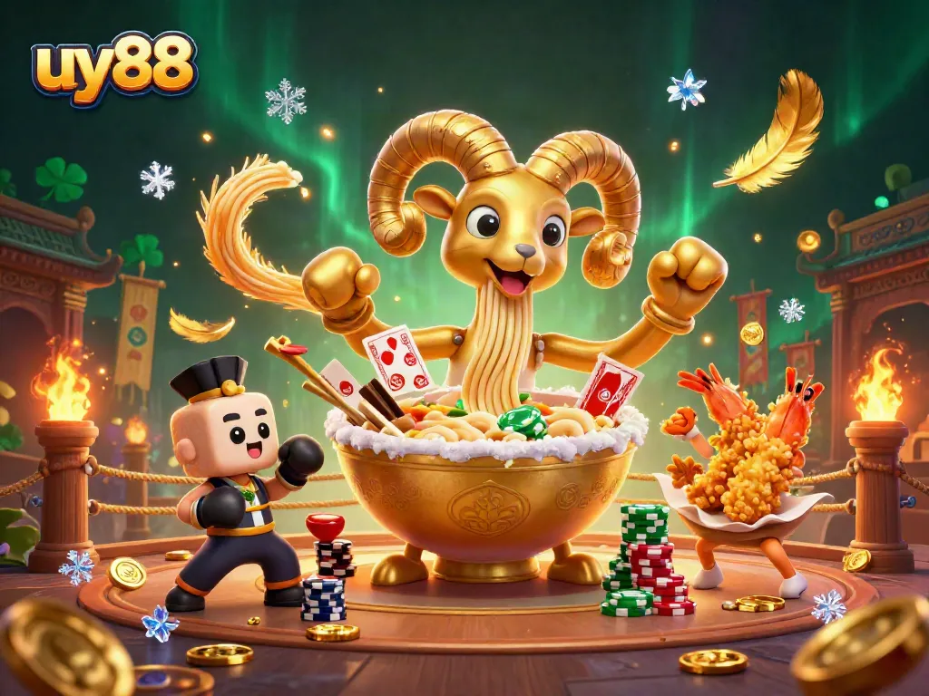 Experience vibrant fun at uy88 with a cartoon ramen bowl dealer stacking chips and cards.