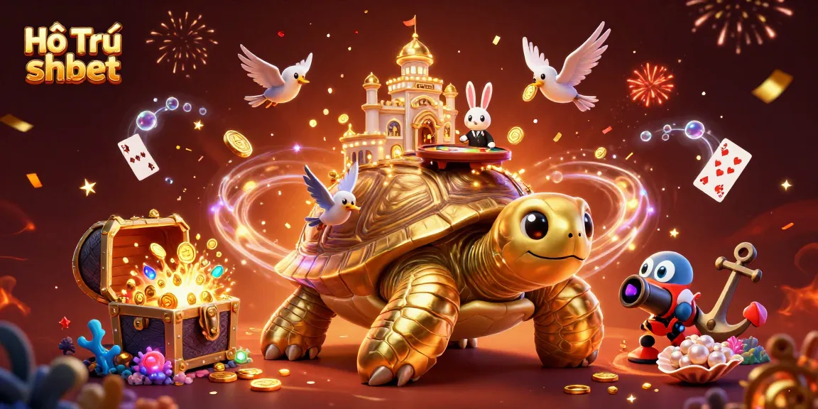 Engage with Hỗ Trợ shbet's vibrant 3D casino scene featuring a dealer and treasure elements.