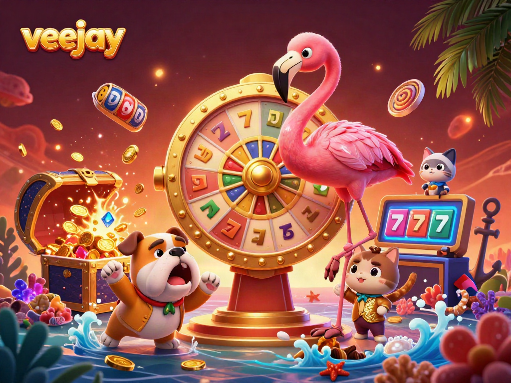 Veejay begeistert beim Dreh des Gewinnspiels mit schönen Jackpot-Symbolen und fröhlichem Spielspaß.