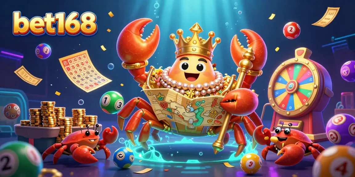 Engage with the vibrant world of bet168 featuring a golden crab emperor surrounded by lottery elements and a dynamic gaming atmosphere.