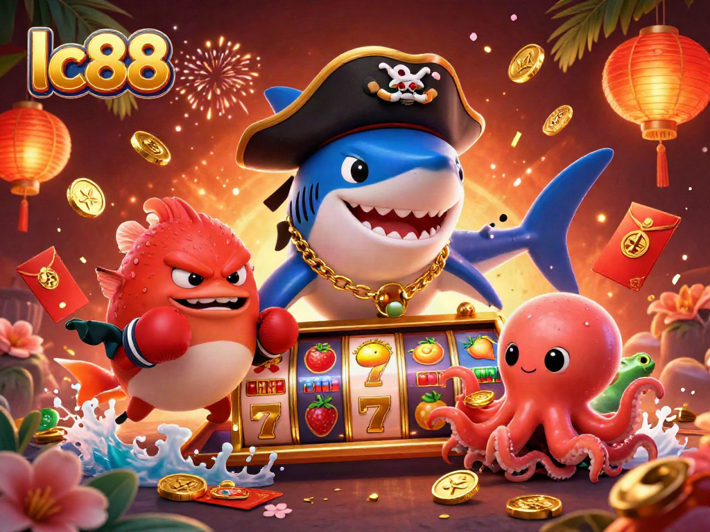 Spin and win at lc88 with a pirate shark and friends amidst vibrant slot game elements.
