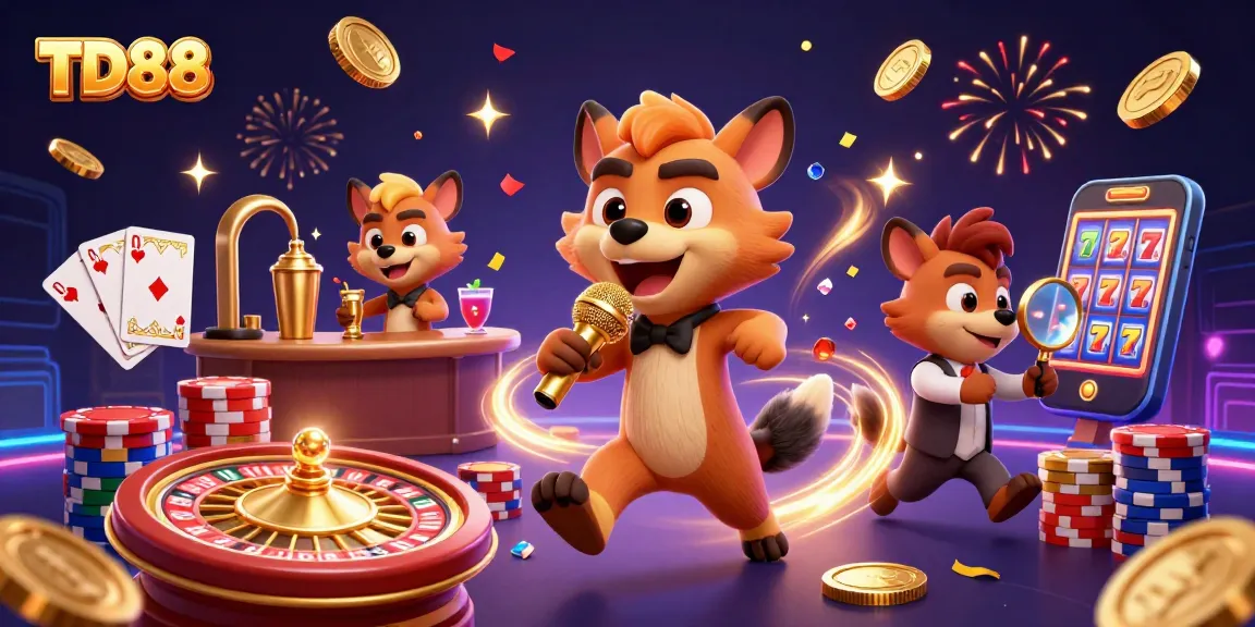 Experience the excitement of TD88 casino with hyenas entertaining and celebrating amidst vibrant gaming elements and gold coins.