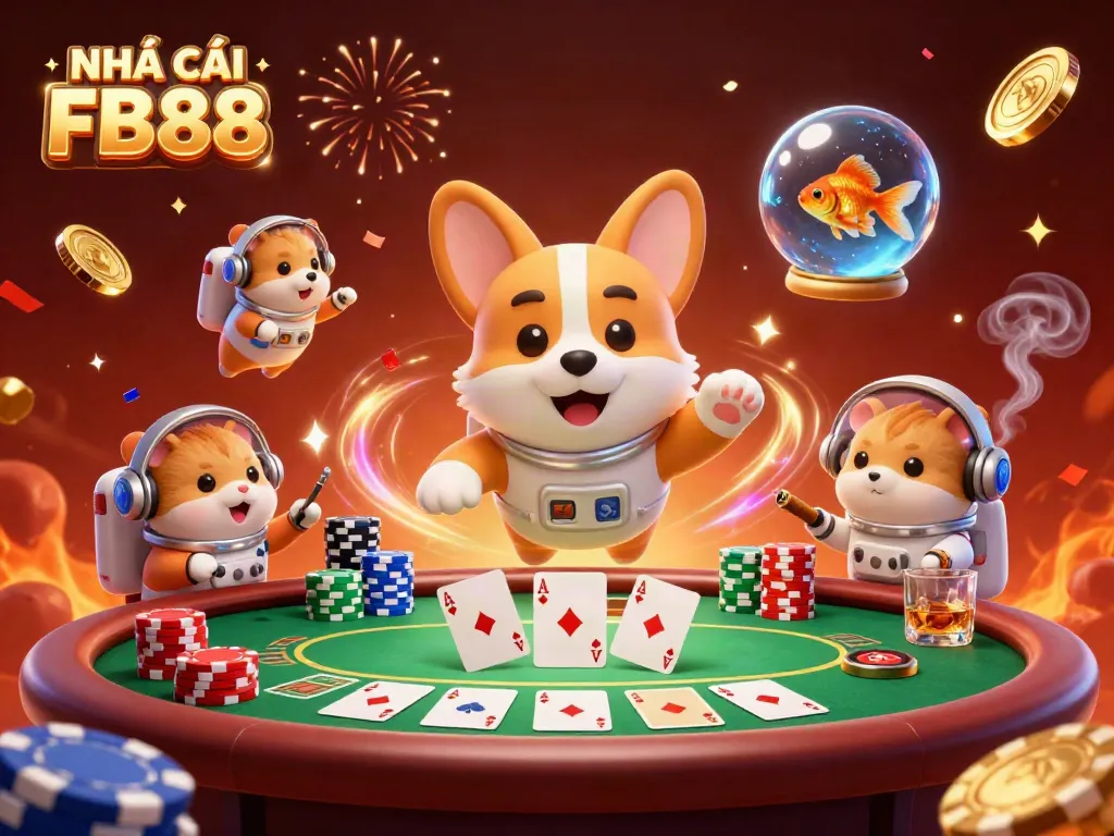 Experience NHÀ CÁI FB88 with a floating casino theme and vibrant gaming elements in 3D.