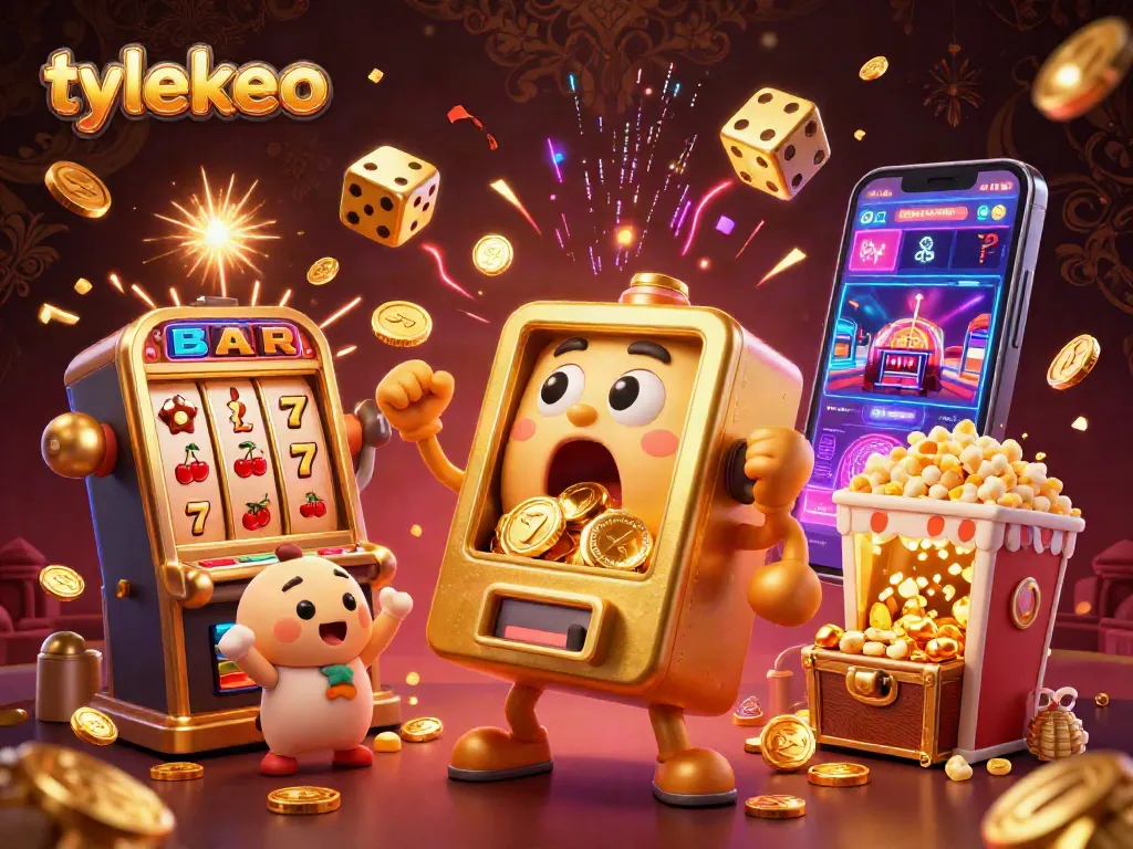 Engage in the excitement of tylekeo with a dazzling 3D slot machine hitting the jackpot, coins flying everywhere!