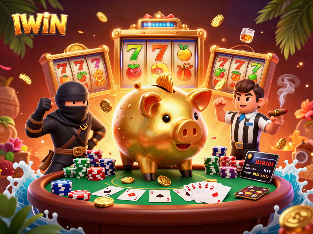 IWIN showcases dynamic casino action with a golden piggy bank, ninja, and samurai in an engaging scene.