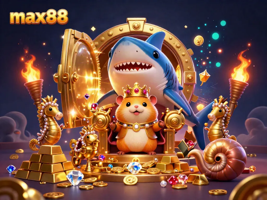 Max88 showcases a vibrant casino-themed scene with a golden hamster king and treasures