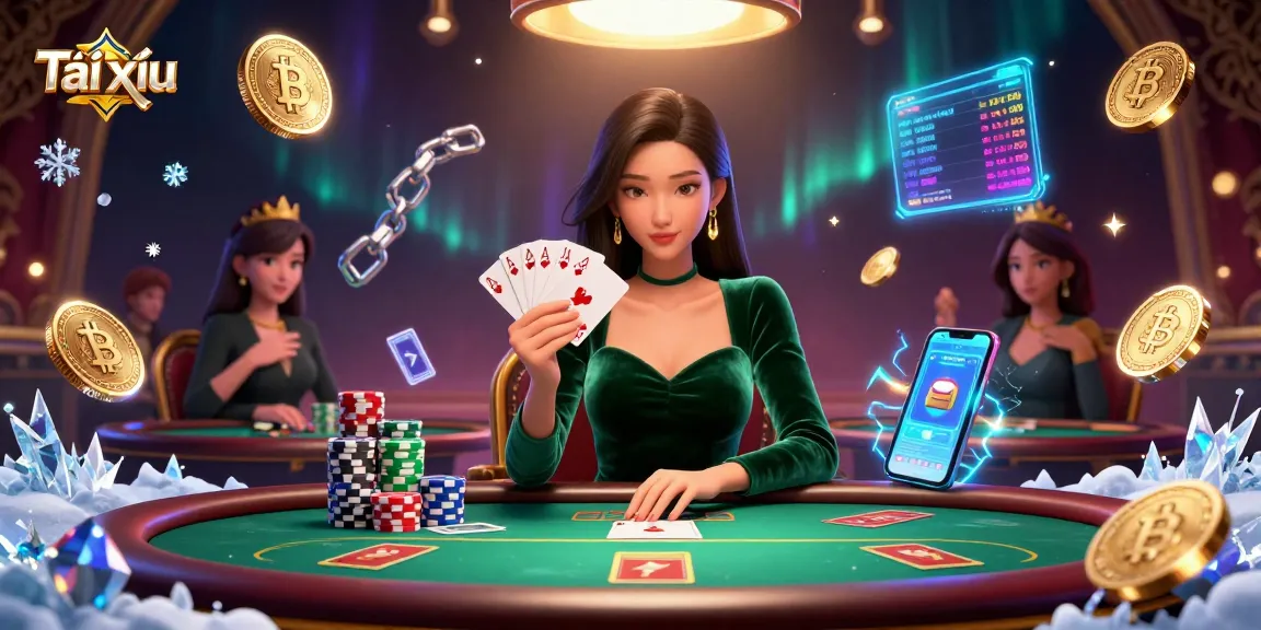 A beautiful Asian woman playing Tài xỉu at a luxury poker table surrounded by crypto coins and vibrant effects.