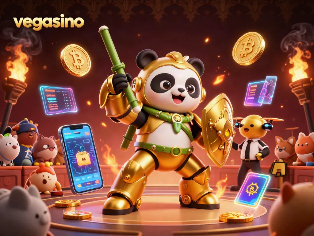 Experience the excitement of vegasino with a golden panda in a mech-suit amidst vibrant casino elements.
