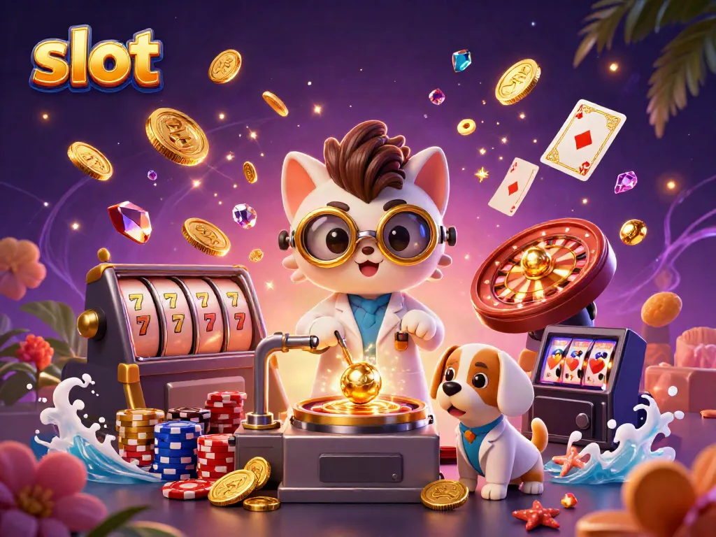 Spin the slot reels with the mad scientist cat amidst golden coins and vibrant casino elements.