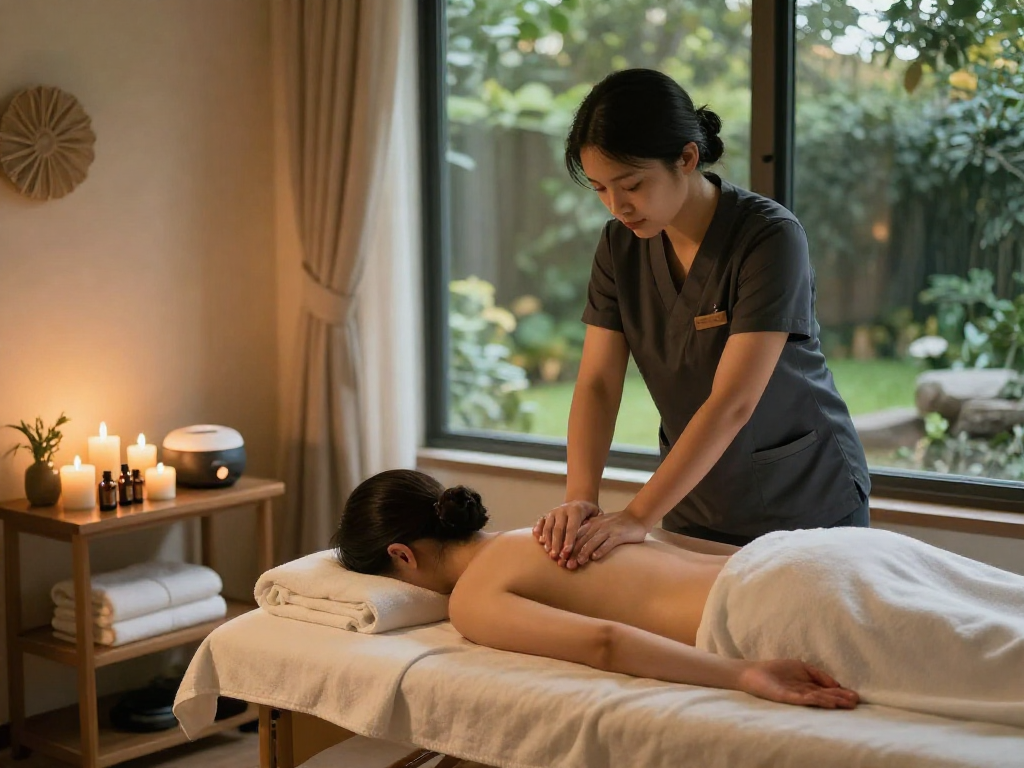 Relaxing 스웨디시출장 massage scene showcasing a professional therapist and tranquil home environment