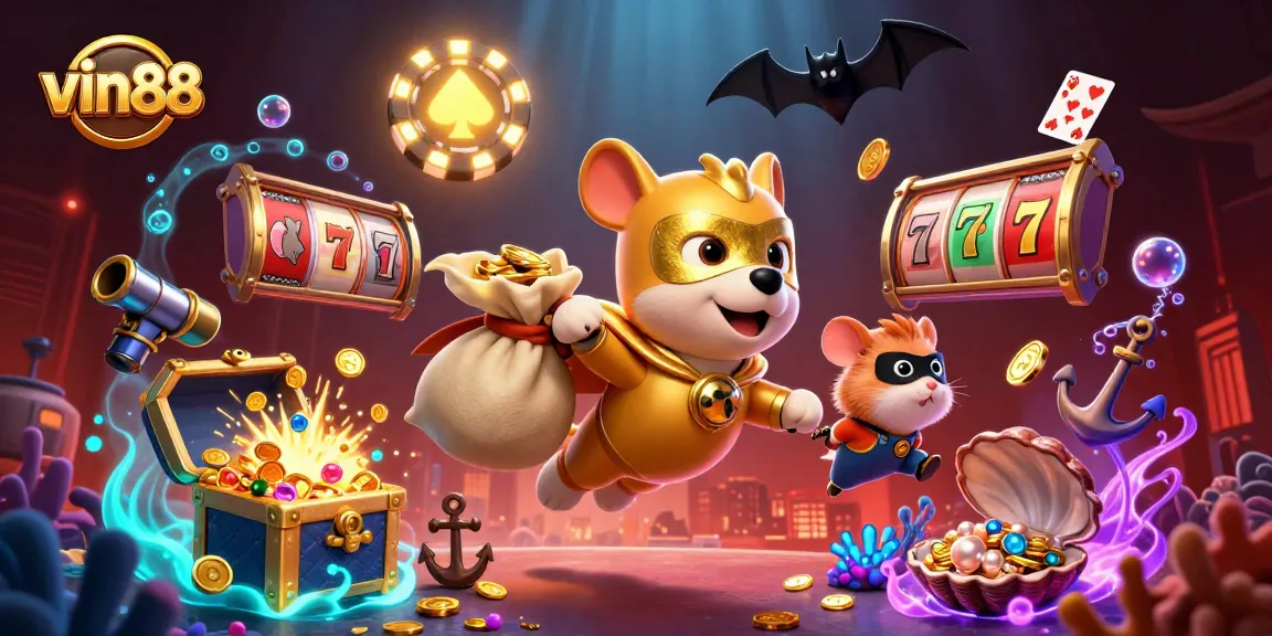 Win big with vin88 as a superhero dog flies through vibrant casino treasures and games.