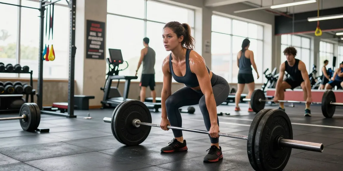 Starke Frau hebt Gewichte in einem modernen Fitnessstudio und repräsentiert Prime Pharma Steroide für effektives Bodybuilding.