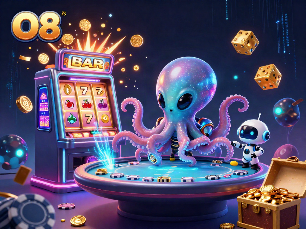 Engaging O8 alien octopus plays poker amid vibrant casino action, showcasing thrilling gaming elements.