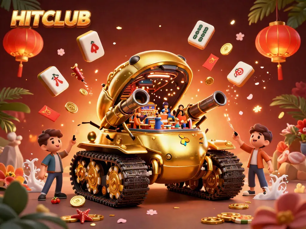 Experience HITCLUB's vibrant gaming scene with a golden beetle tank bustling with activity inside a lively casino.