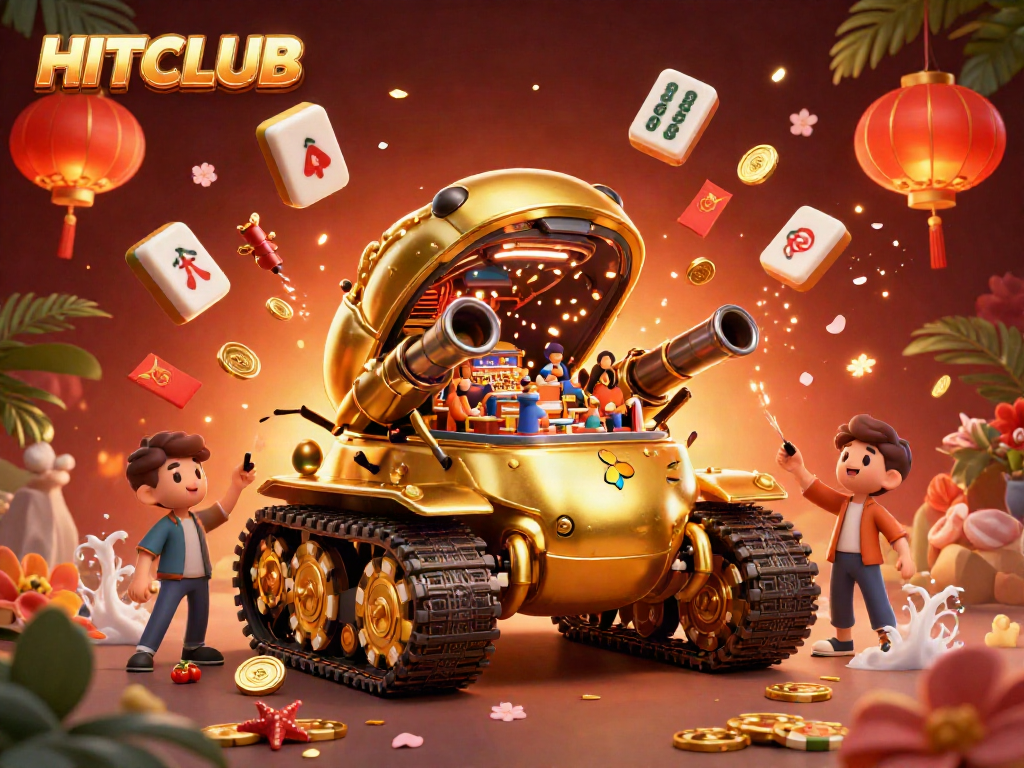 Experience HITCLUB's vibrant gaming scene with a golden beetle tank bustling with activity inside a lively casino.