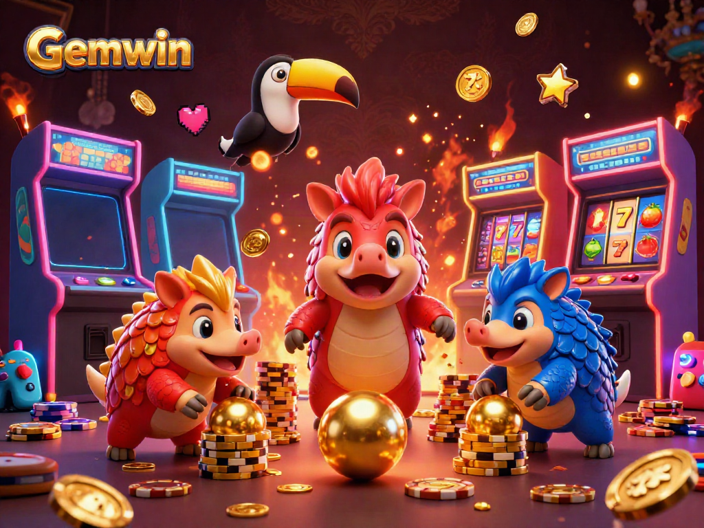 Experience the thrill of Gemwin with vibrant pangolins battling amidst casino action and slot reels.