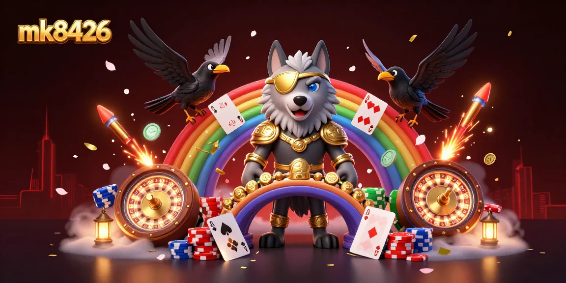 Engage with mk8426 in this dynamic casino scene featuring Odin, playful poker elements, and vibrant decorations.