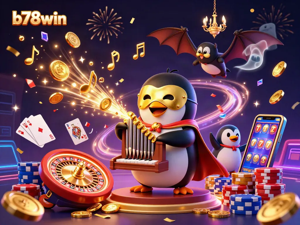 b78win players enjoy thrilling games with dynamic visuals of a 3D casino scene with golden coins and colorful elements.