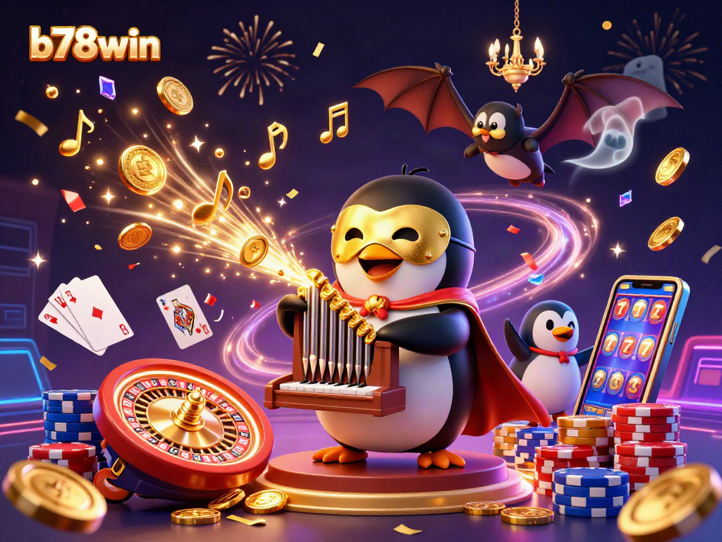 b78win players enjoy thrilling games with dynamic visuals of a 3D casino scene with golden coins and colorful elements.