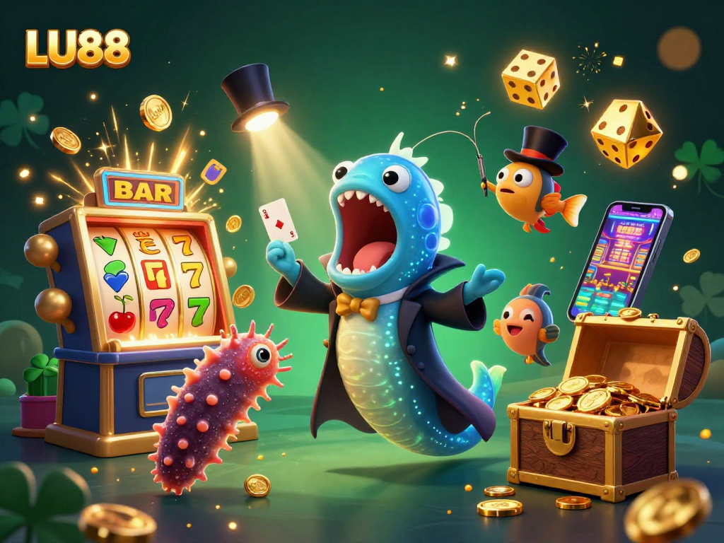 LU88 offers thrilling gambling experiences highlighted by a 3D magical deep-sea scene with vibrant casino elements.