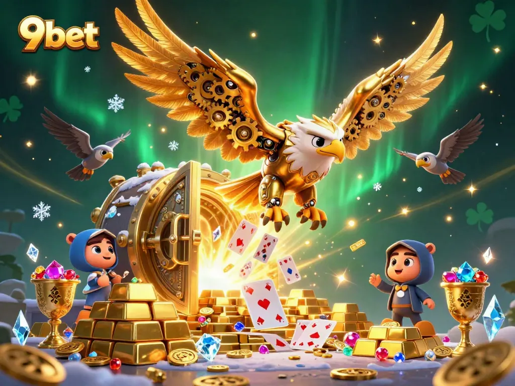 Experience thrilling wins at 9bet with golden treasures amidst a vibrant casino scene.