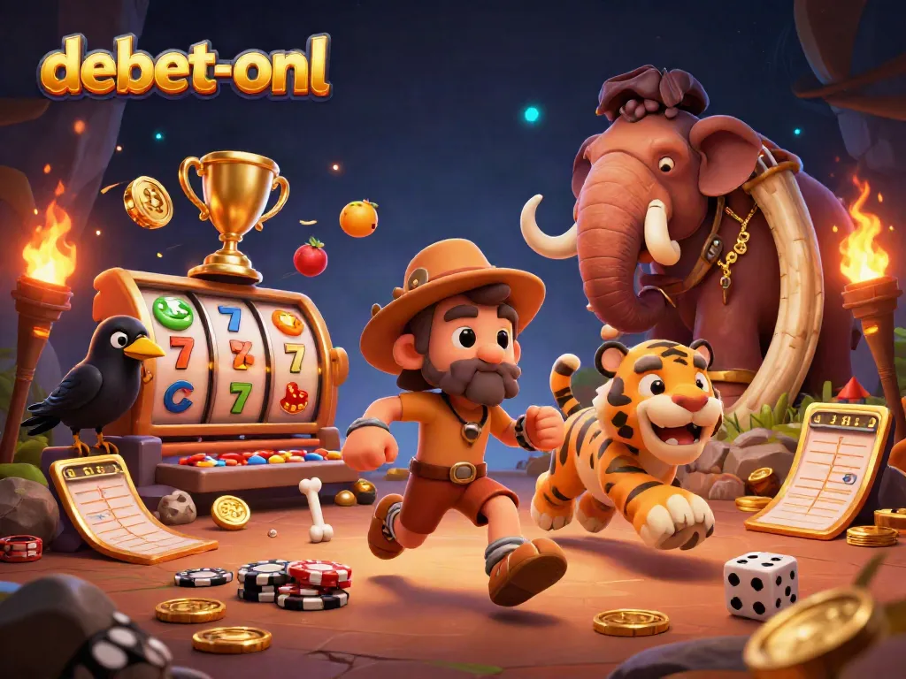 Experience the thrilling debet-onl atmosphere with a dynamic prehistoric casino scene featuring vibrant elements.