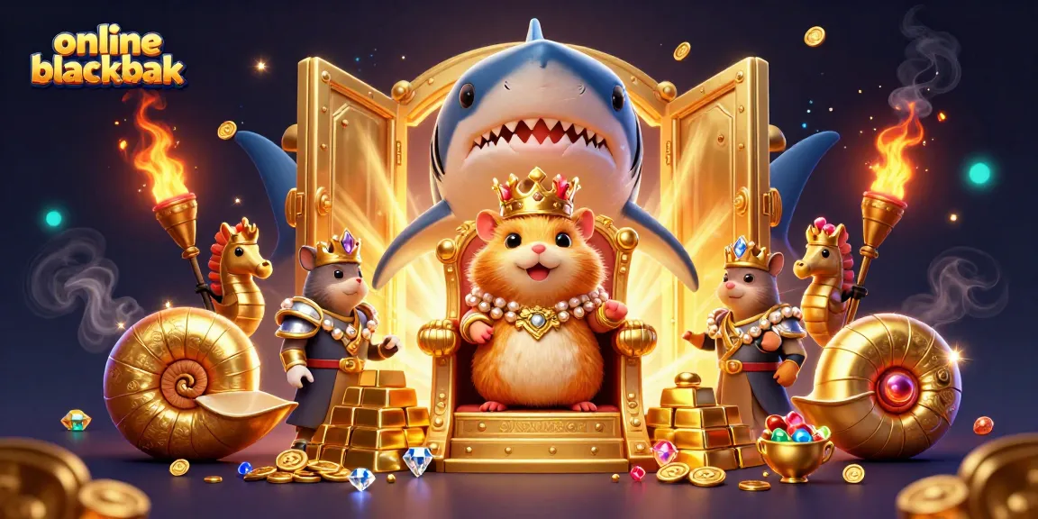 Experience online blackjack magic with a golden hamster king amidst treasure and royal seahorse guards.
