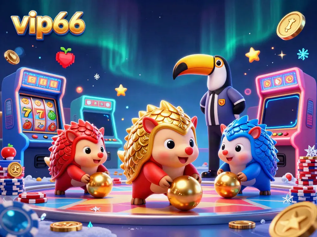 Experience thrilling wins with vip66 in this vibrant 3D casino illustration featuring dynamic pangolins and arcade action.