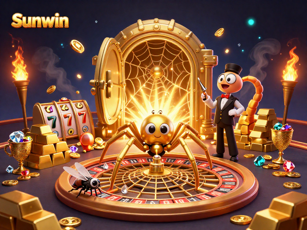 Sunwin showcases an exciting gambling scene with a golden spider and a centipede croupier, featuring dynamic slots.