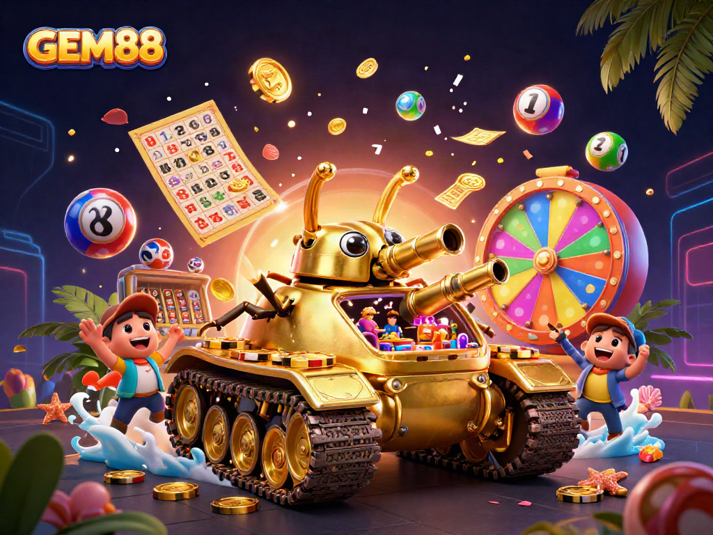 Experience GEM88's exciting casino adventure with lottery balls and magical prizes surrounding a golden tank.