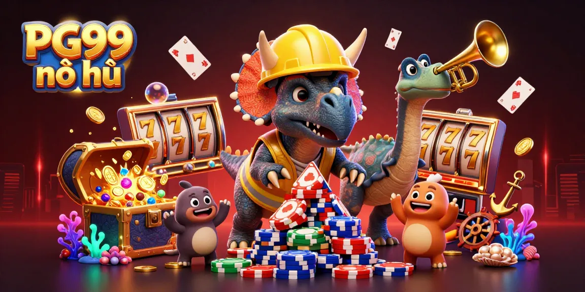 Experience PG99 nổ hũ with vibrant slots and cheering dino characters in a casino-themed underwater world.