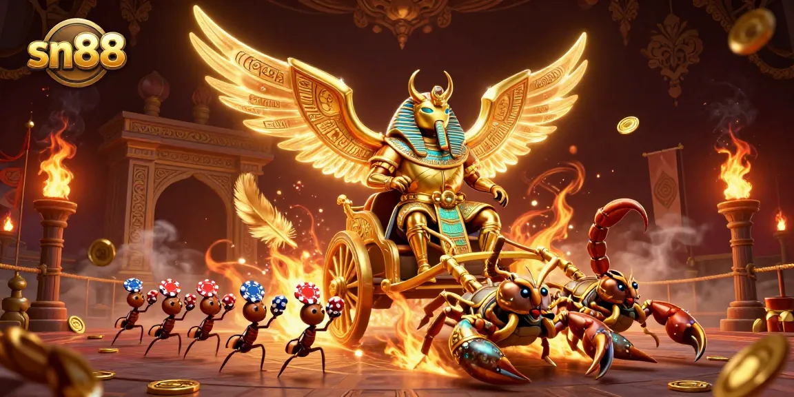 Win big at sn88 with a vibrant 3D illustration showcasing a colossal golden scarab and scorpions in a dynamic casino setting.
