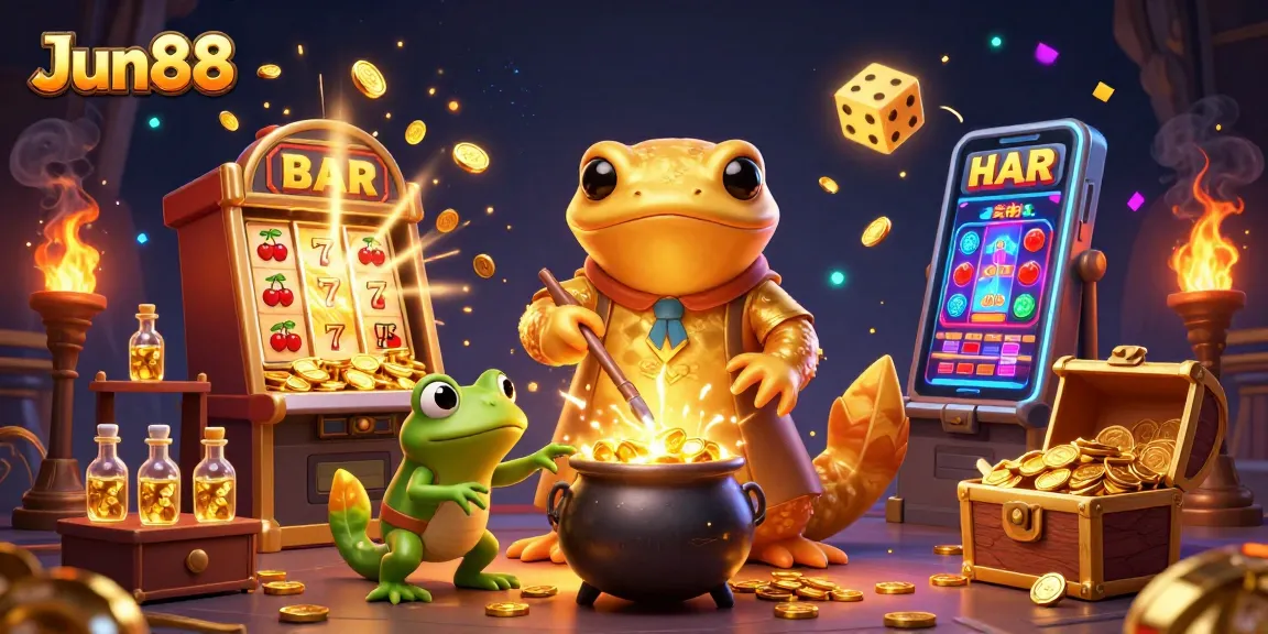 Experience thrilling gameplay at Jun88 with a vivid illustration of a gold coin eruption and vibrant casino elements.