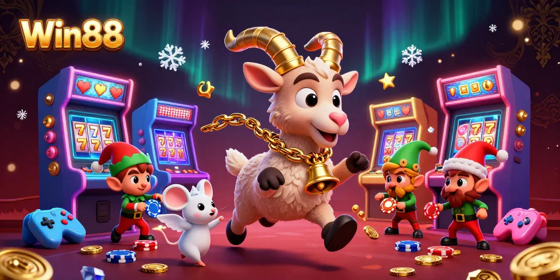 Win88's lively slot game scene where Krampus goat rules a casino filled with mischief.