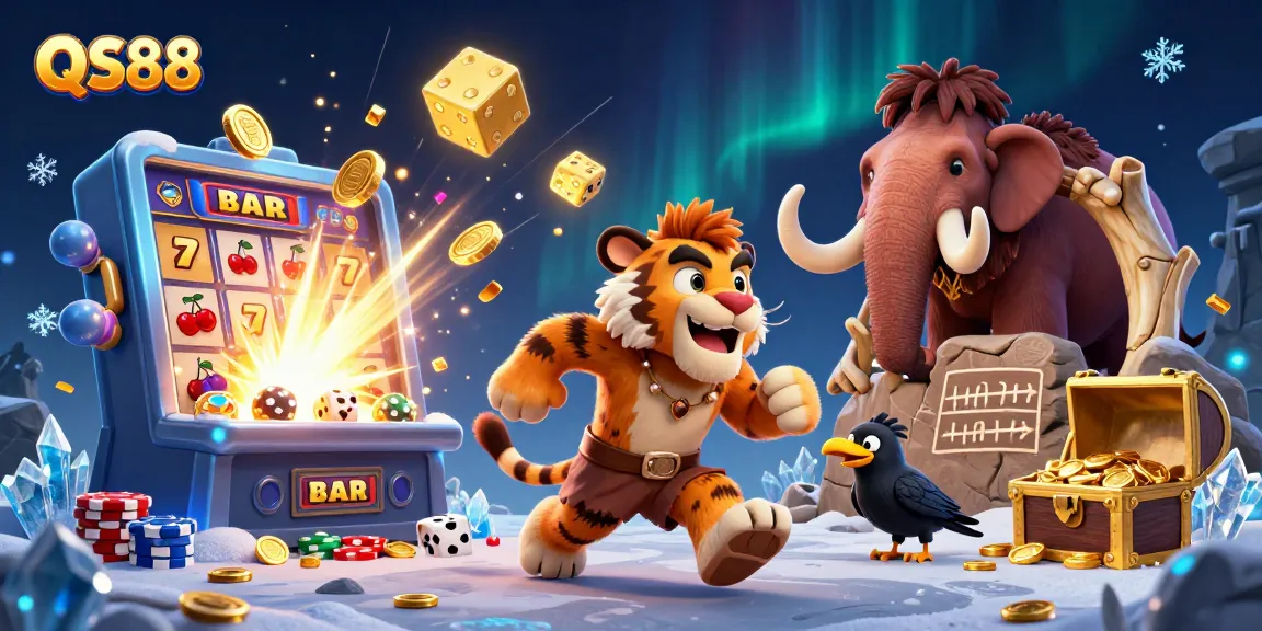 Experience thrilling gameplay at QS88 with a lively 3D caveman and sabertooth in a prehistoric casino atmosphere.