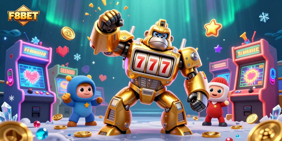 Engage with the vibrant F8BET gaming scene featuring a golden gorilla mech and arcade dynamics.