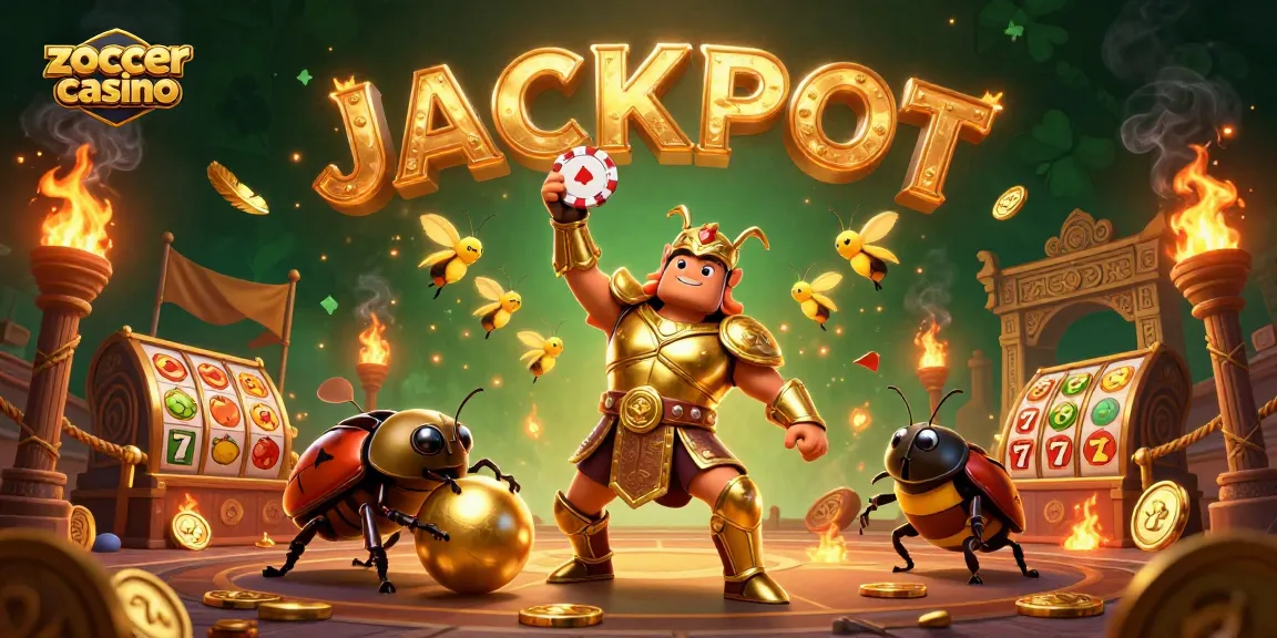 Experience the thrill at zoccer casino with a victorious beetle and jackpot celebration.